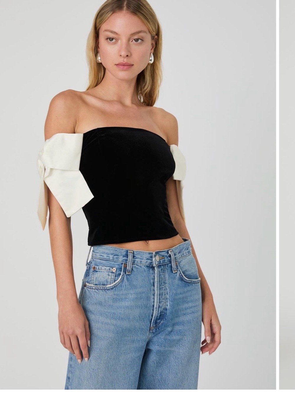 French Connection Black Velvet Off-Shoulder Crop Top with Cream Bow Sleeves